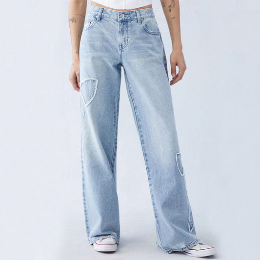 Gerade Hose Bestickte Seite Ausgefranste Schmetterling Jeans Baggy Pants