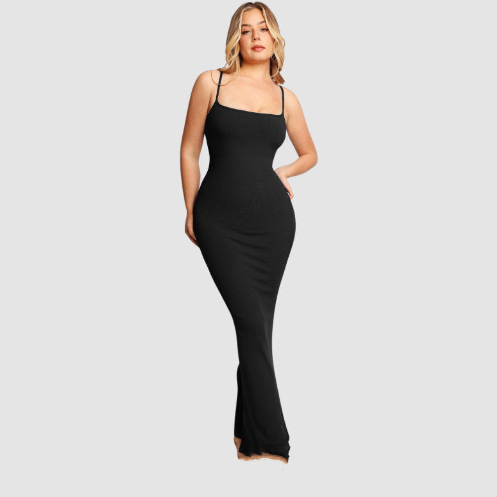 Damen-Shapewear-Kleid, Overall, Bauchdeckenstraffung, Lift-Korsett, offener Schritt, Hosenträger, enger langer Rock, Brustpolster, Bodysuit-Kleid