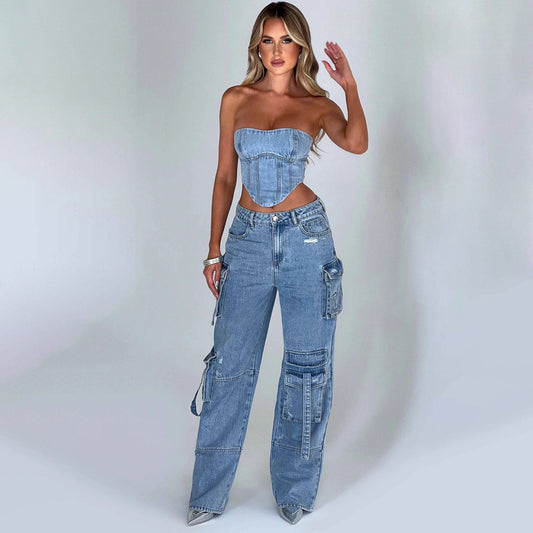 Low Waist Three-dimensional Pocket Stitching Jeans & Full Set