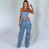 Jeans con cuciture tridimensionali a vita bassa e set completo