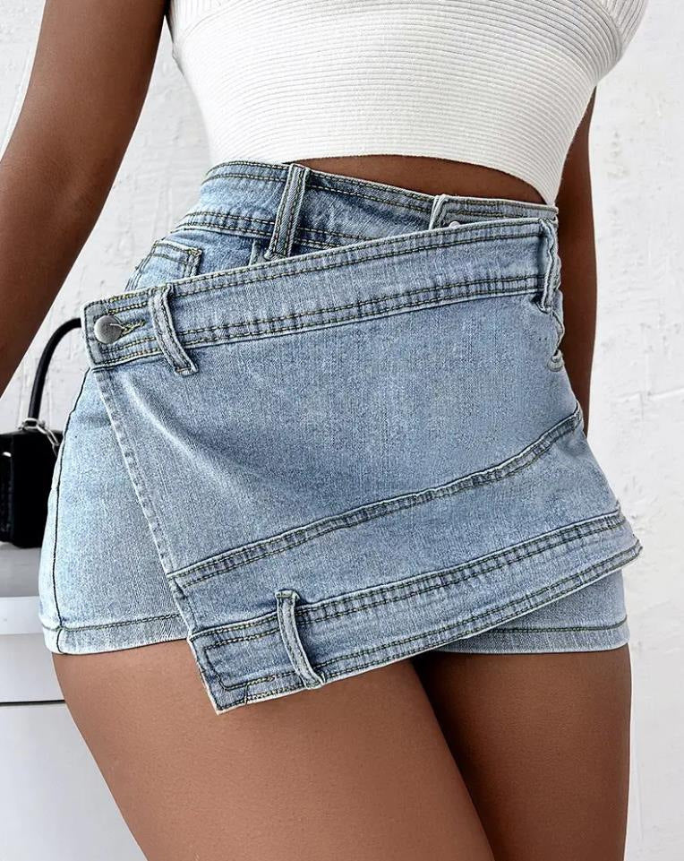 Y2K Street Vintage Denim Shorts  Hem A-Line Skinny Mini Skorts Skirt