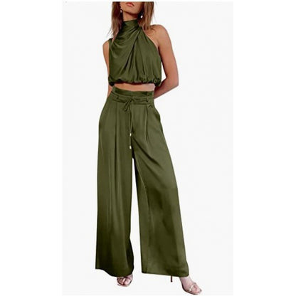 Summer Suits Casual Sleeveless Midriff-baring Top And Wide Leg Pants 2pcs Set