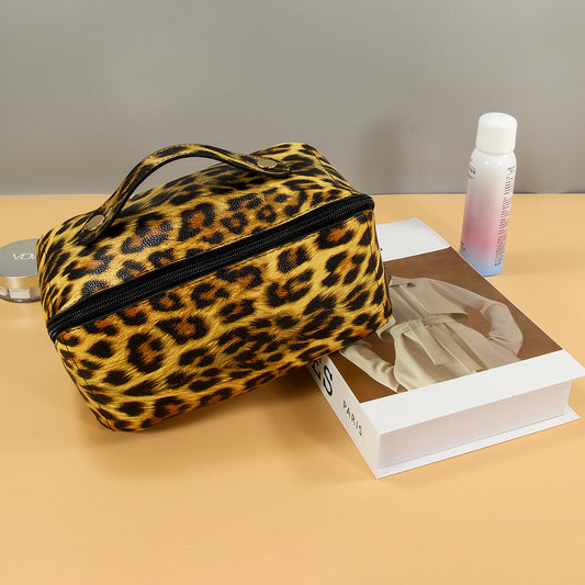 Borsa porta trucchi in pelle PU leopardata da donna, grande capacità, multifunzionale