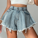 Locker sitzende Jeansshorts mit hoher Taille und Quaste für Damen