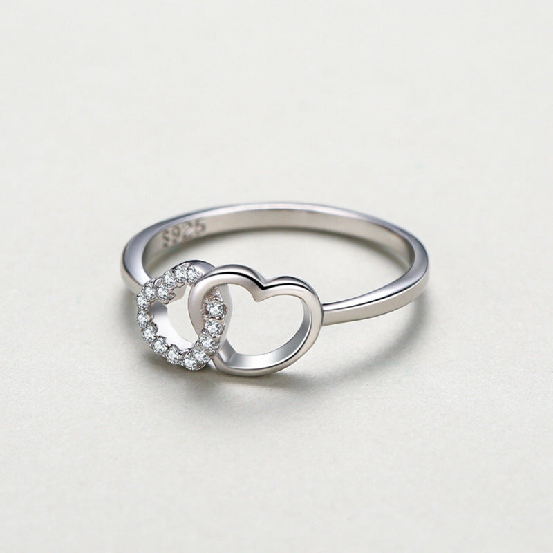 S925 Sterling Silber Doppel herzförmiger Ring Damen Japanisch und Koreanisch schlicht