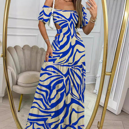 Printed One-line Collar Short-sleeved Long Dress With Hollow Waist Design