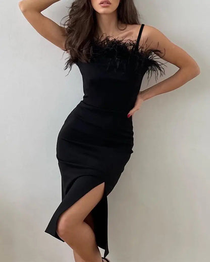 Sling Feather Trim High Slit Party Slim Fit Dress