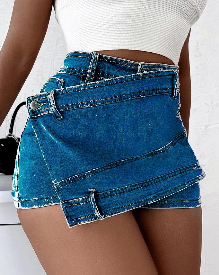 Y2K Street Vintage Denim Shorts  Hem A-Line Skinny Mini Skorts Skirt