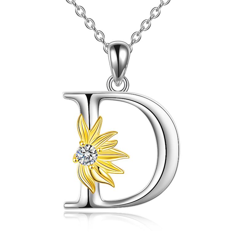 Halskette mit Namensanhänger mit Initialen-Alphabet, Sonnenblume, A-Buchstabe aus Sterlingsilber