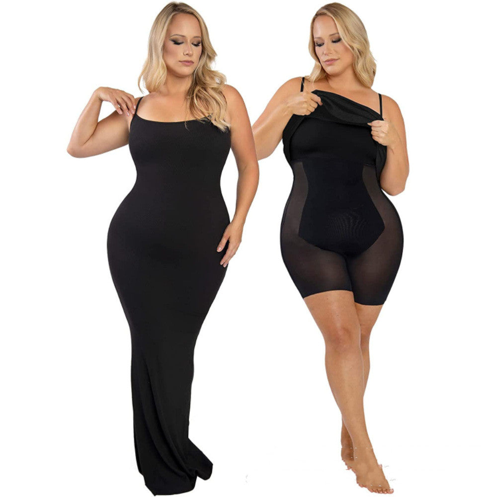 Damen-Shapewear-Kleid, Overall, Bauchdeckenstraffung, Lift-Korsett, offener Schritt, Hosenträger, enger langer Rock, Brustpolster, Bodysuit-Kleid