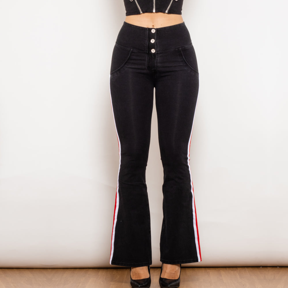 Shascullfites Melody Schwarz Gestreifte Flared Lift Jeggings Button Up Jeans Shaping Jeans Damen High Waist Flare Jeans