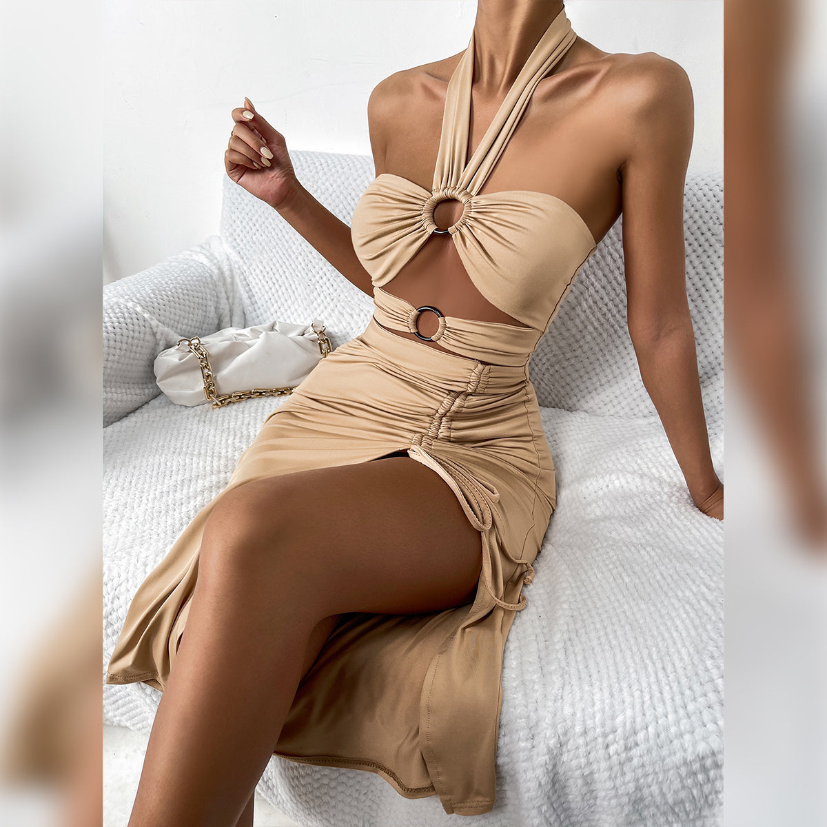 Sexy Neckholder-Plissee-Kleid mit Kordelzug