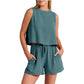 Linen Summer Sleeveless Tops And Drawstring Shorts Suit 2pcs