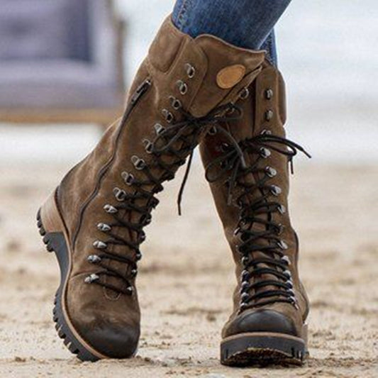 Neue große mittellange Schnürstiefel für Damen aus Leder