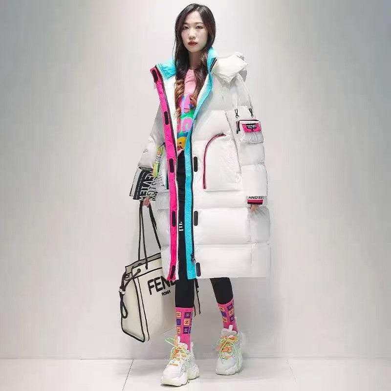 Loose Western Style Glossy Overknee Long Contrast Color Bread Coat