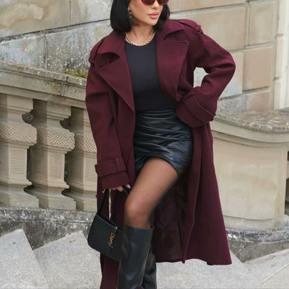 Mode Revers Wollmantel mit Gürtel Winter Zweireiher Trenchcoat Lange Jacke für Damen Kleidung