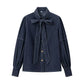 Washed Dark Blue Casual All-match Lace-up Bow Denim Shirt