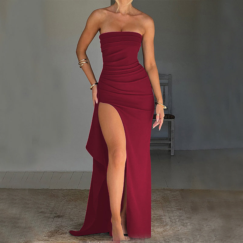 Trägerloses, geteiltes, langes Kleid, Sommermode, plissiertes Brautjungfernkleid für Damen, Party, Hochzeit, Kleidung