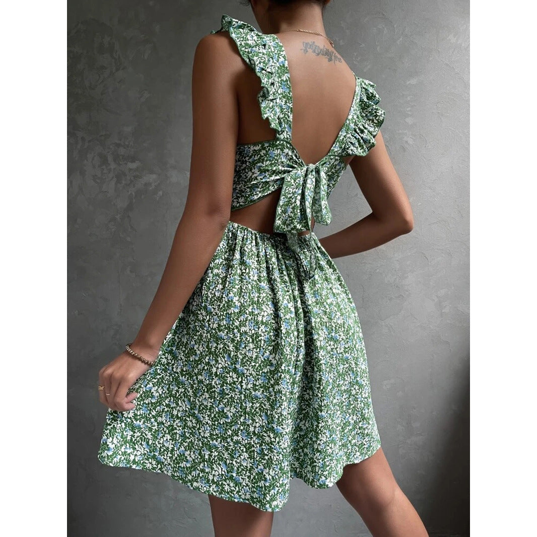 Summer Square-neck Ruffled Sleeveless Dress With Bow-tie Backless