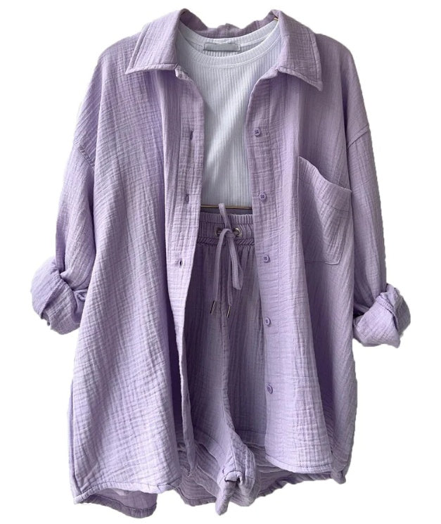 Wrinkled Fabric Lapel Long Sleeved Shirt Shorts Fashion Casual Set