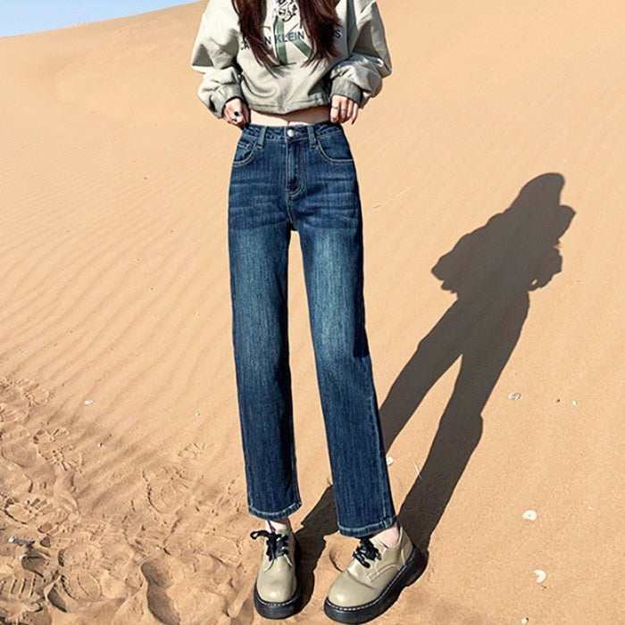 Weiße Jeans im koreanischen Stil mit hoher Taille und Stretch