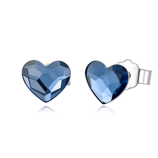 Orecchini a bottone in argento sterling con cristalli blu e piccoli cuoricini per orecchie sensibili