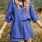 Wrinkled Fabric Lapel Long Sleeved Shirt Shorts Fashion Casual Set