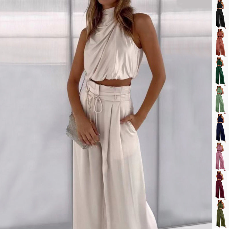 Summer Suits Casual Sleeveless Midriff-baring Top And Wide Leg Pants 2pcs Set