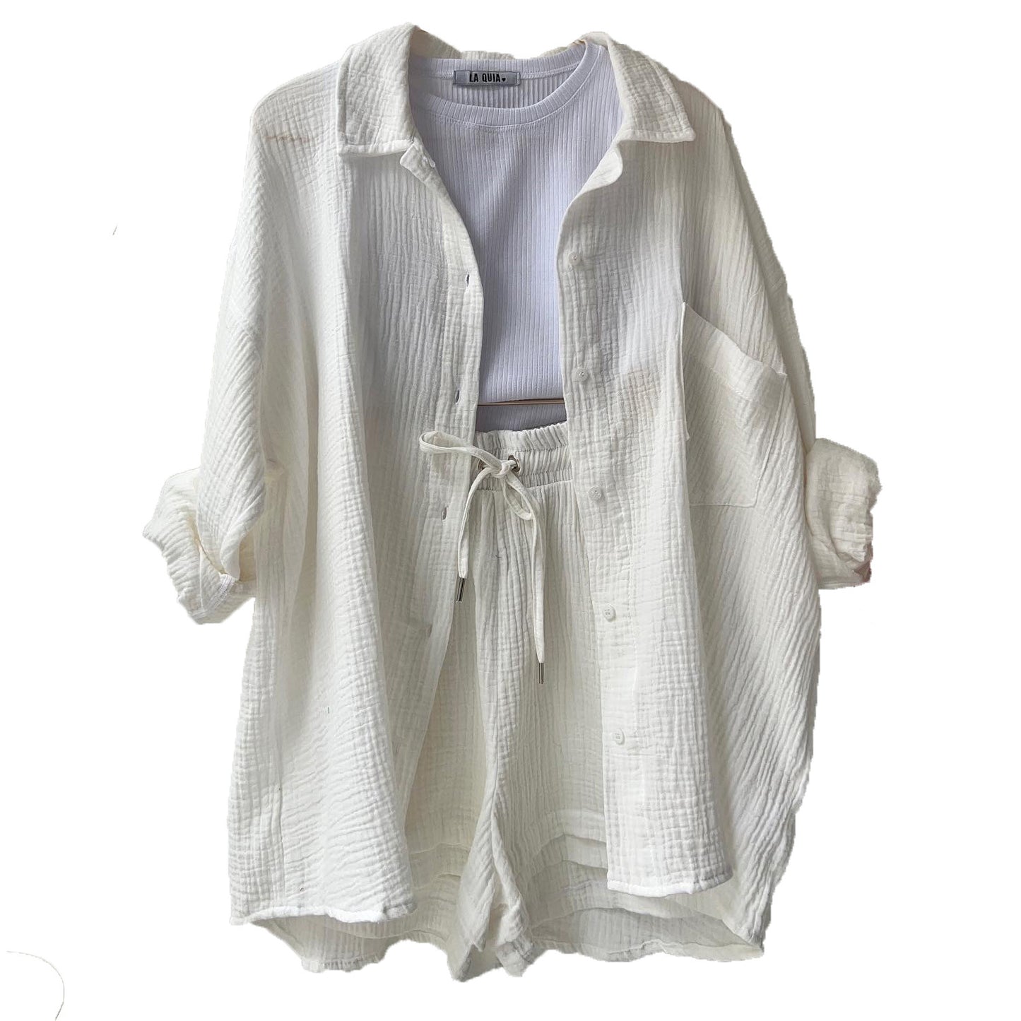 Wrinkled Fabric Lapel Long Sleeved Shirt Shorts Fashion Casual Set