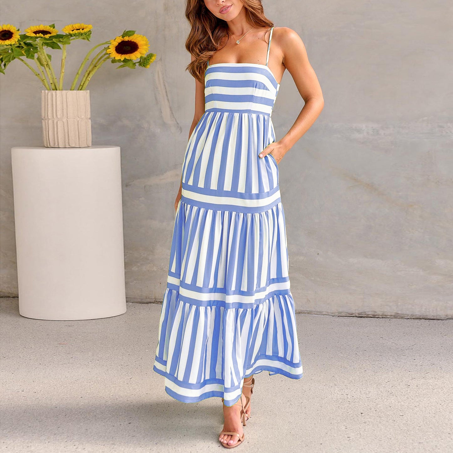 Summer Striped Printed Suspender Long Dress With Pockets