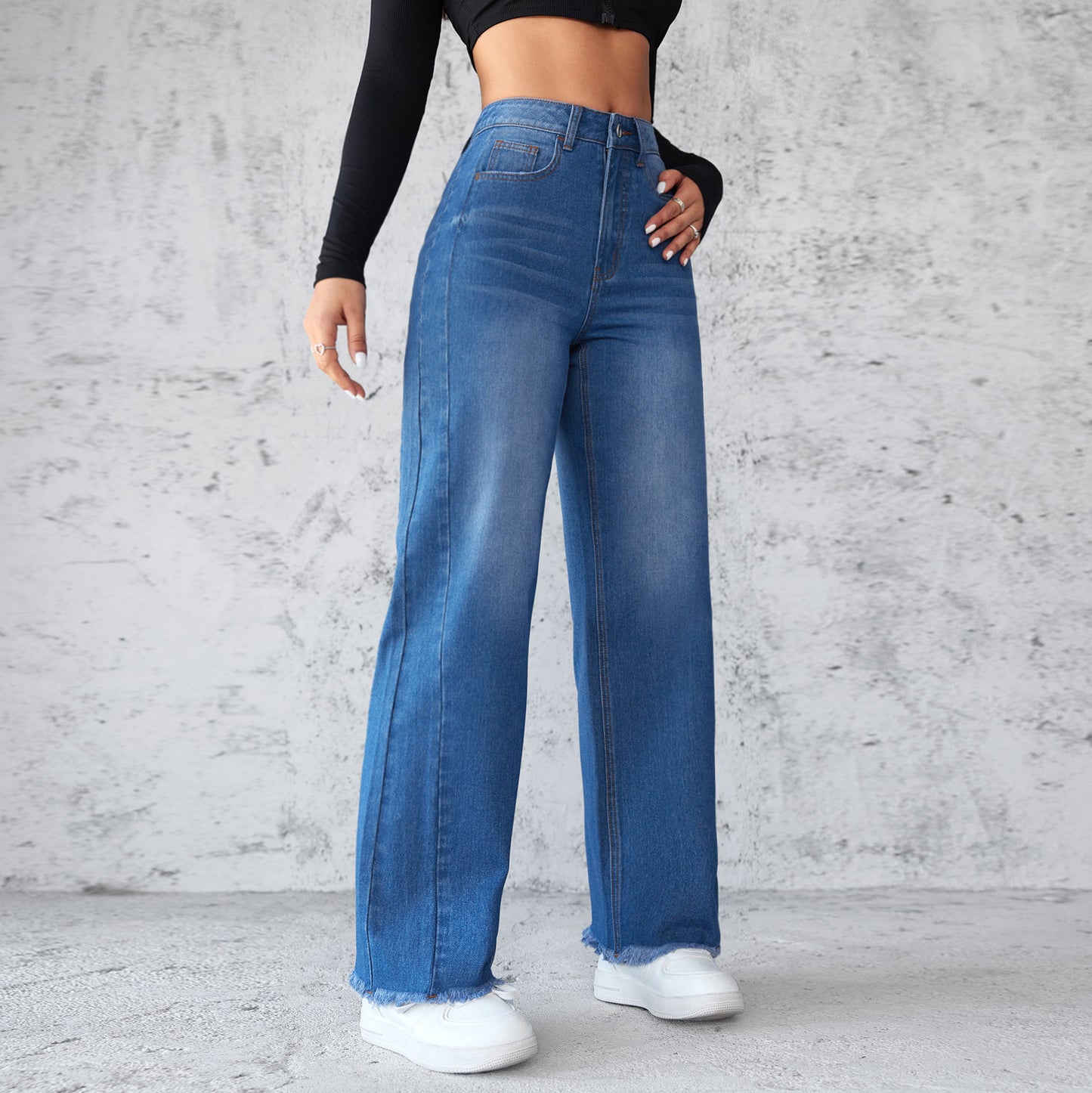 Mode Gerade Breite Bein Jeans Casual Hohe Taille Nicht Elastische Damen