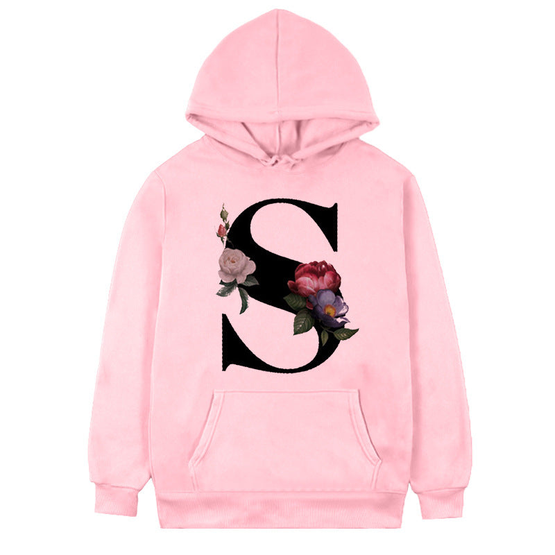 Damen-Fleece-Hoodie mit 26 Buchstaben und Blumen-Aufdruck