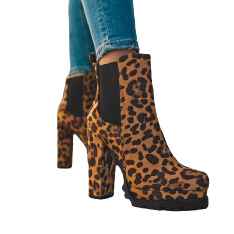 Runde Zehen-Stiefeletten, solide, Leopardenmuster, dicke, quadratische High-Heel-Schuhe, Damen, lässige Mode, Herbst-Winter-Wildleder-Kleid, Party-Stiefel