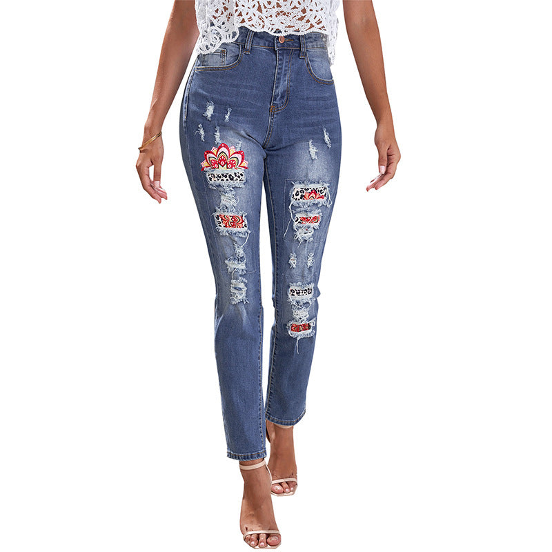 Ripped Jeans Women's Ethnic Style High Waist