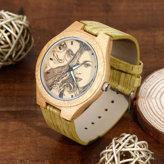 Orologio da donna con foto in bambù inciso, cinturino in pelle di legno da 40 mm