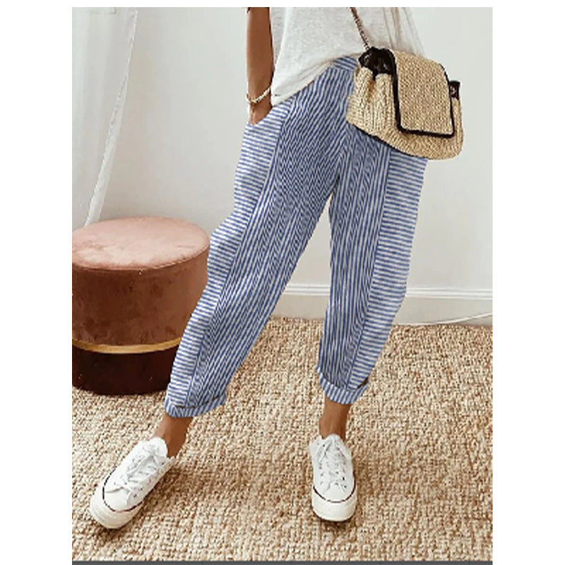 #Pantaloni con stampa a righe Pantaloni larghi casual alla moda estiva