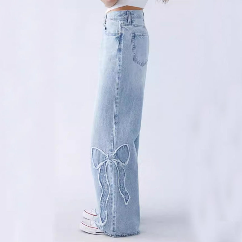 Straight Trousers Embroidered Side Frayed Butterfly Jeans Baggy Pants