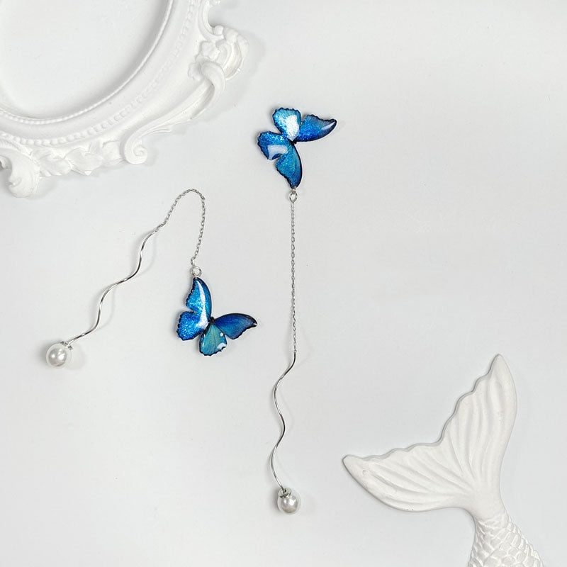 Filo per orecchio a farfalla blu S925 Perla lunga in argento sterling