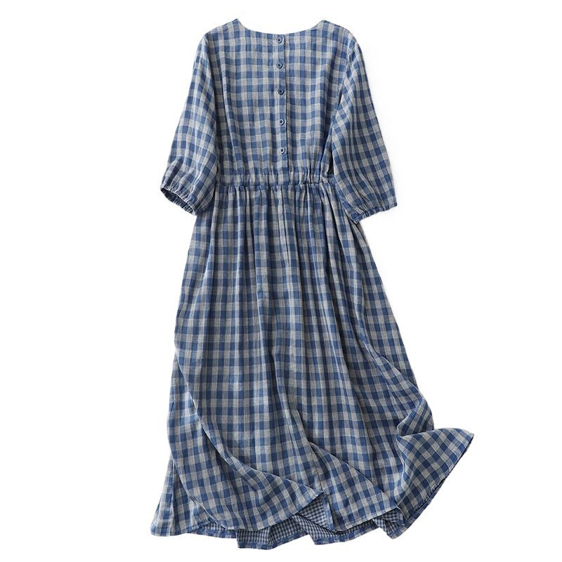 Mori Style Half Sleeve Elegant Cotton And Linen Vintage Artistic Plaid Dress