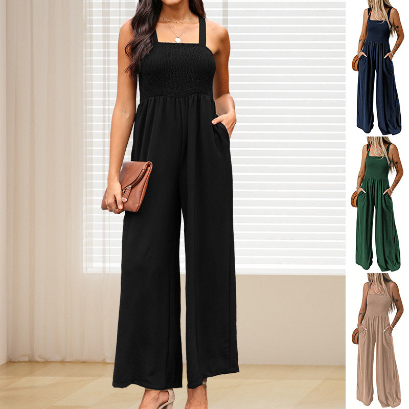 Summer Square Neck High Waist Jumpsuit Women's Backless Pleated