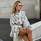 Ink Print Long Sleeve Dress With Fashion Puffy Sleeve Lapel