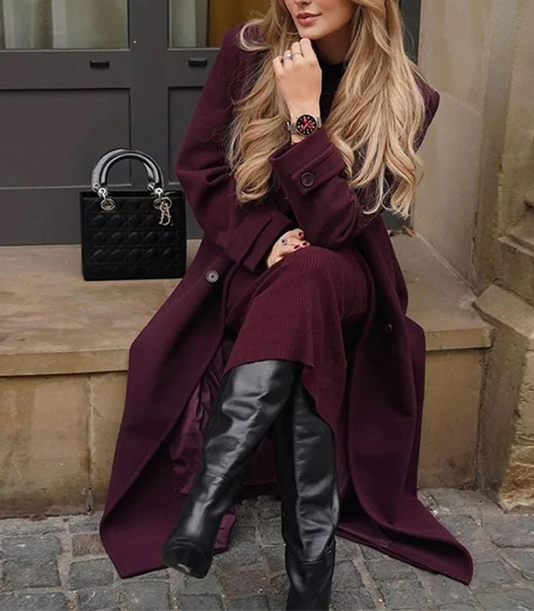 Mode Revers Wollmantel mit Gürtel Winter Zweireiher Trenchcoat Lange Jacke für Damen Kleidung