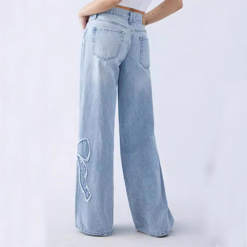 Straight Trousers Embroidered Side Frayed Butterfly Jeans Baggy Pants