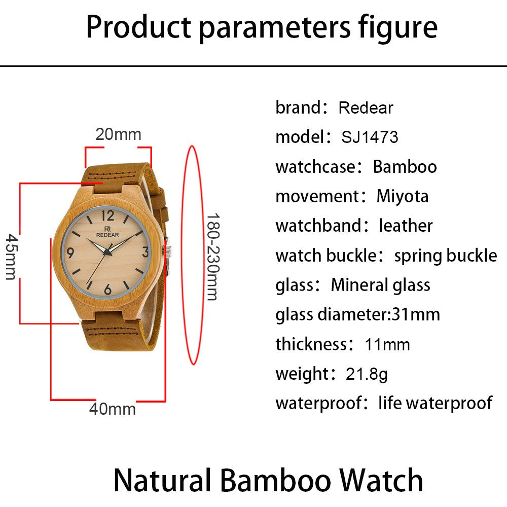 Women's Engraved Bamboo Photo Watch Wooden Leather Strap 40mm