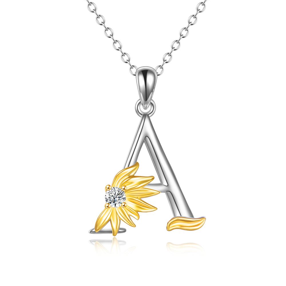 Sterling Silver Initial Alphabet Sunflower A Letter Script Name Pendant Necklace