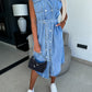 Casual Polo Collar Sleeveless Clinch Open Chest Waist-controlled Lace-up Denim Dress