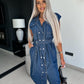 Casual Polo Collar Sleeveless Clinch Open Chest Waist-controlled Lace-up Denim Dress