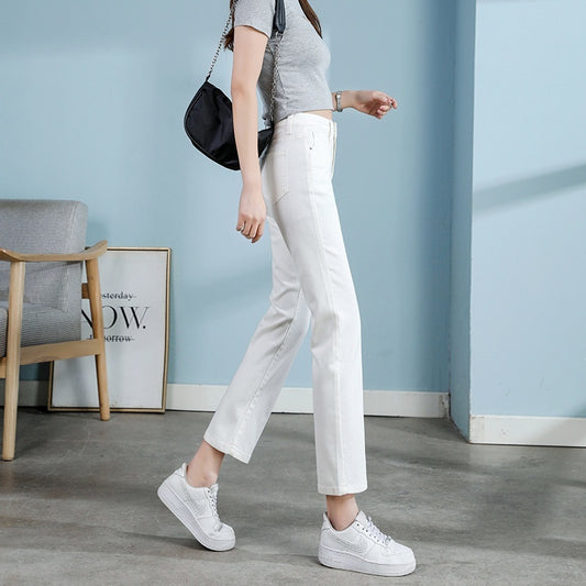 White Jeans Korean Style High Waist Stretch