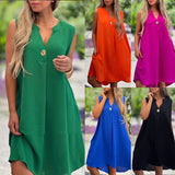 Summer V-neck Sleeveless Dress With Button Decoration Solid Color