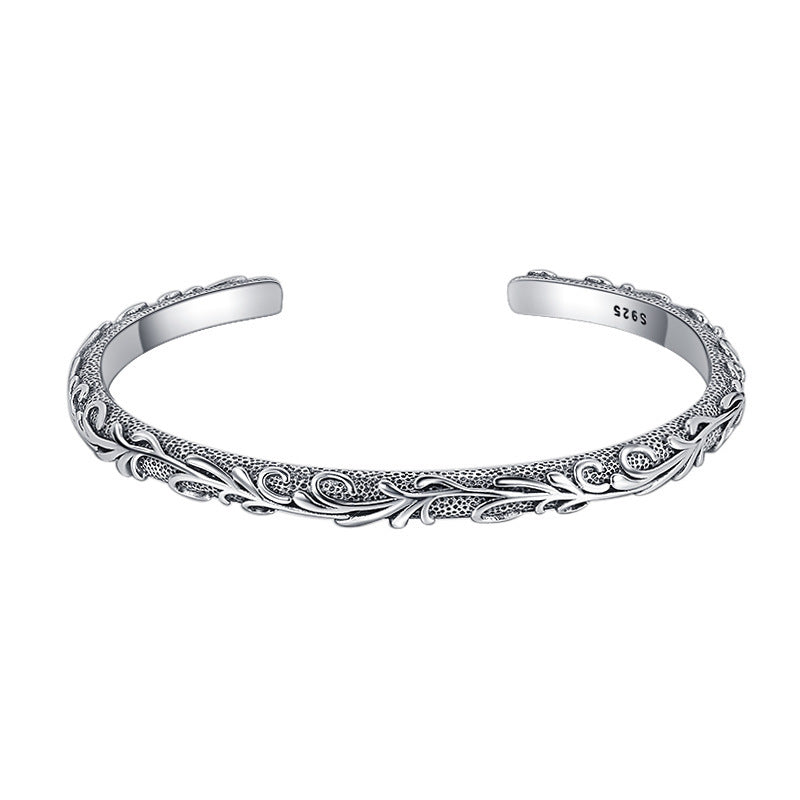 Bracciale in argento tailandese con erba Tang intagliata in stile vintage in argento sterling S925